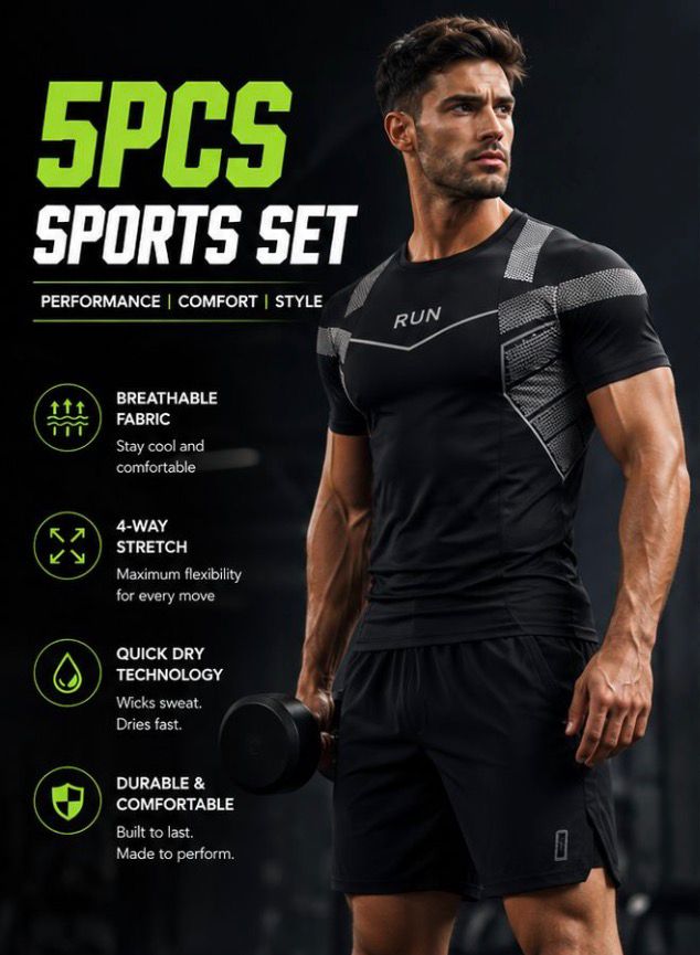 5-Piece Men’s Compression Sportswear Set – Hoodie, T-Shirt, Shorts & Leggings Gym Outfit Vidalfit-Essentials
